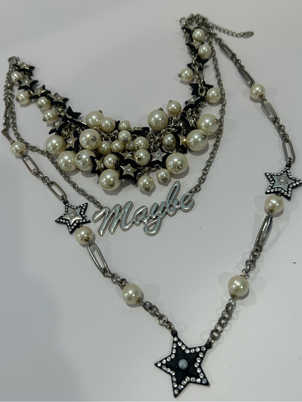 Y2K "Maybe" Text Layered Multi-Strand Necklace Pearls & Crystal Stars